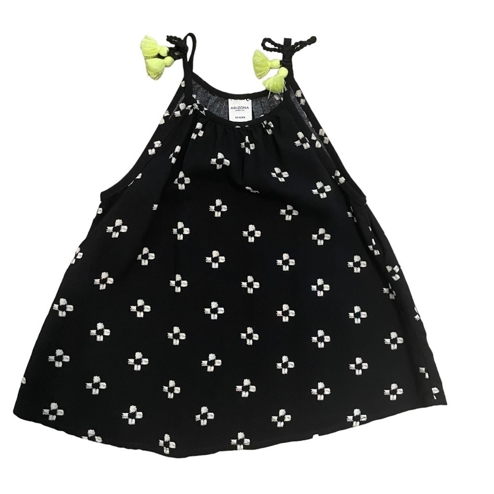 Black and White Ikat Rayon Top with Neon Yellow Tassels Size XS Girl